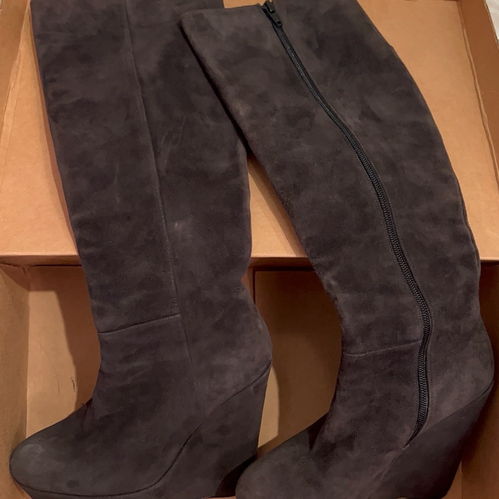 Stuart weitzman grey wedge platform boots sz 5 5”